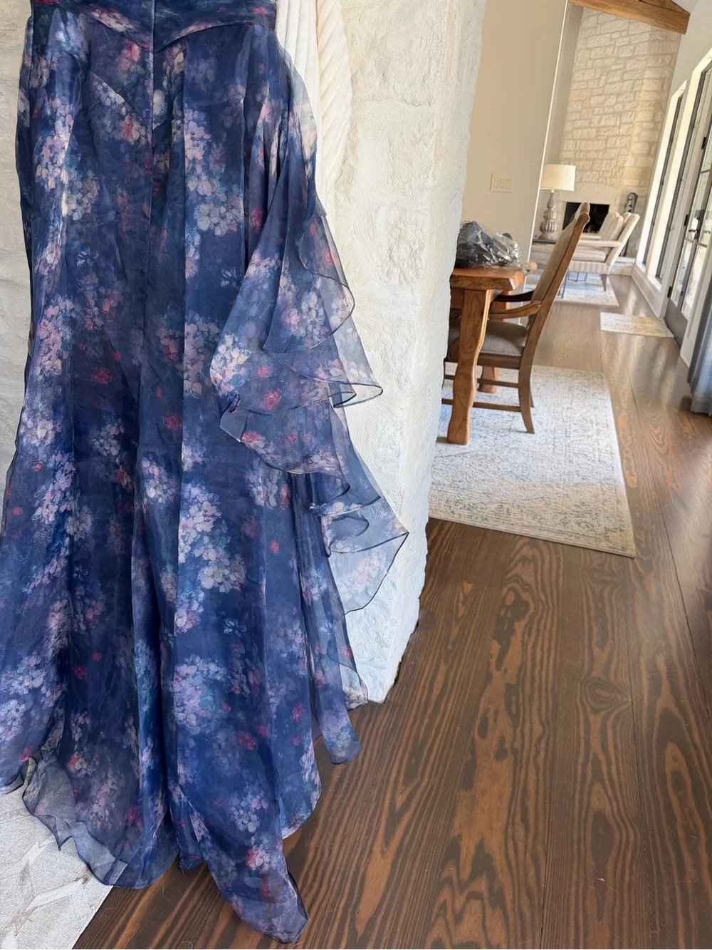 Navy Floral Strapless Evening Gown with Ruffle Detail - Picture 8 of 11